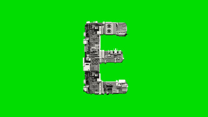 Obraz premium letter E, silver cyber metal scrap digital alphabet on green, isolated - object 3D illustration