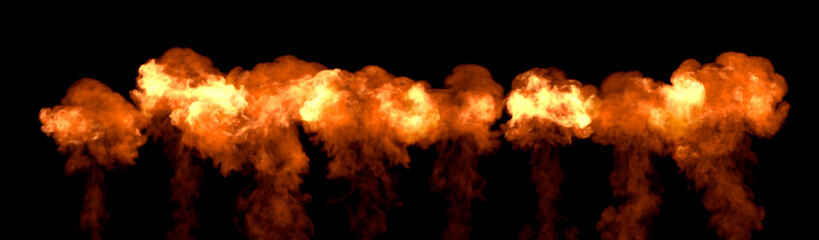 Series of powerful burstings with flames, isolated - object 3D illustration