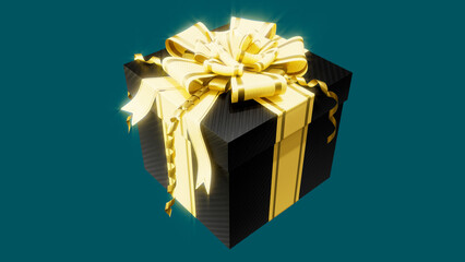 goldish - black beautified giftbox on blue backdrop, isolated - object 3D rendering