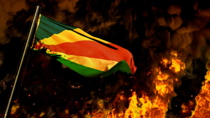 flag of Seychelles on burning fire background - hard times concept - abstract 3D illustration