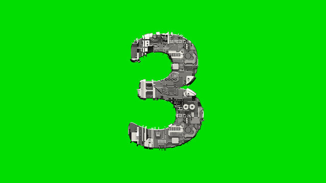 number 3, silver cyber scrap metal digital font on green, isolated - object 3D illustration