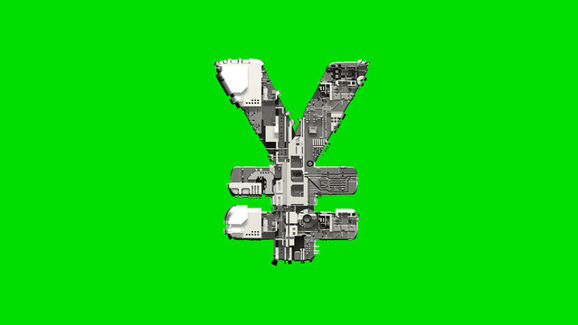yen symbol, silver cyber metal scrap digital alphabet on green, isolated - object 3D illustration