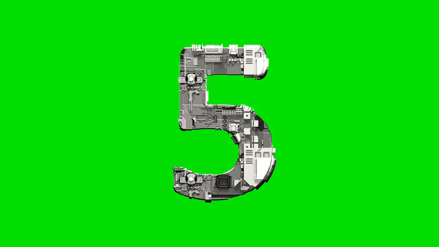 number 5, silver cyber scrap metal digital font on green, isolated - object 3D rendering