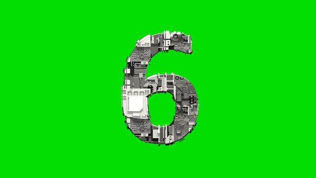 number 6, silver cyber scrap metal digital alphabet on green, isolated - object 3D rendering