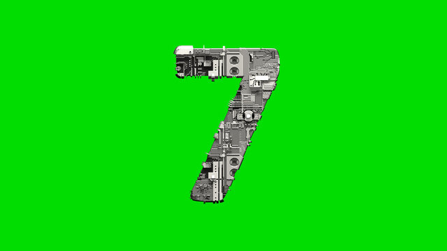 number 7, silver cyber scrap metal digital alphabet on green, isolated - object 3D illustration