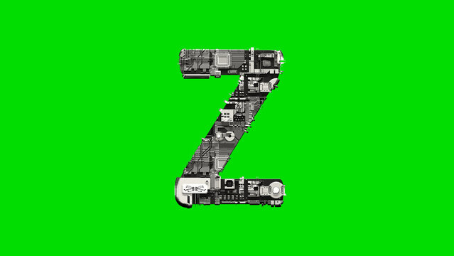 letter Z, silver cyber scrap metal digital font on green, isolated - object 3D illustration