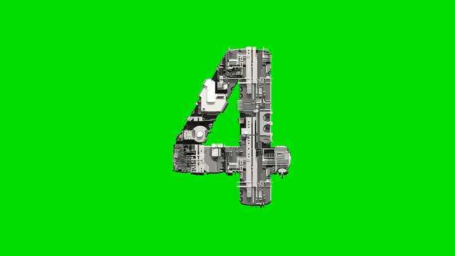 number 4, silver cyber metal scrap digital font on green, isolated - object 3D rendering