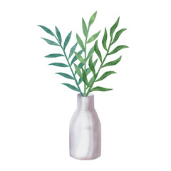 Watercolor floral illustrations. Bouquet with abstract palm green leaves in a vase. Botanical clipart. Perfect for wedding invitations, greeting cards