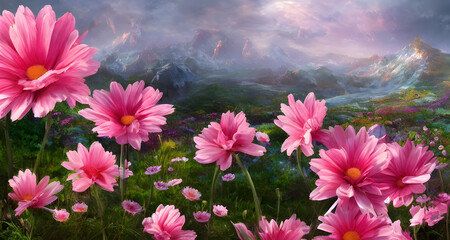 Digital Illustration Mystical Magic Pink Daisies Field Landscape
