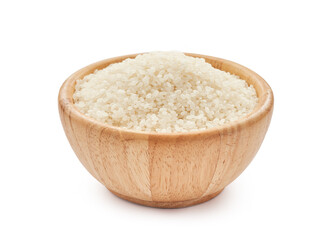 heap of short grain rice in wood bowl isolated on white background. Japonica rice                                    