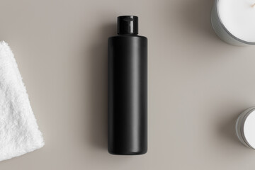 Black cosmetic lotion bottle mockup with a towel on the beige table.