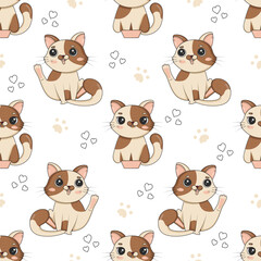 Seamless pattern with cute cartoon cats in funny poses sit in small boxes and wash their faces for children's room decor
