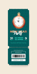 
New Year Party ticket template. Illustration of a Christmas ball decorated with a gold clock on a teal background. Vector 10 EPS.
