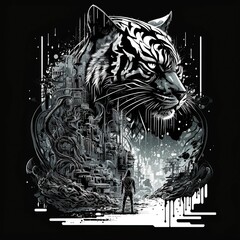 black and white tiger drawing illustration for tshirt design isolated in black background. easy to use, just add text and can be printed directly