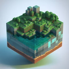 Fototapeten 3D floating isometric Minecraft chunk. generative ai © amrets