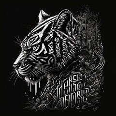 black and white tiger drawing illustration for tshirt design isolated in black background. easy to use, just add text and can be printed directly