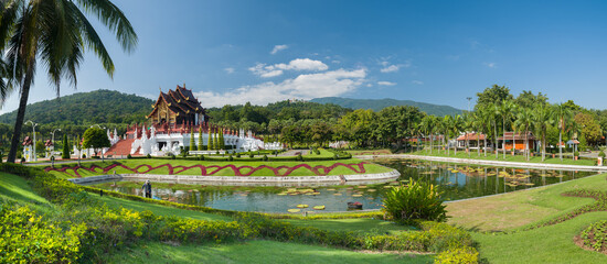 Panoramic landscape view of the Royal Pavilion (Ho Kham Luang) in Rajapruek Royal Park near Chiang Mai. It is one of Thailand's most important tourist attractions.