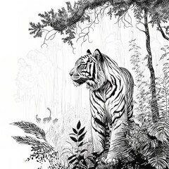 handdrawn tiger illustration for tattoo, canvas, home decoration, easy to use and isolated on white background.