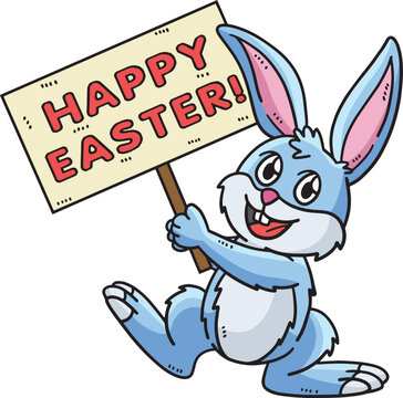 Bunny Holding Happy Easter Cartoon Clipart