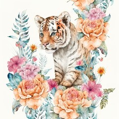 watercolor tiger with floral motifs, a seamless pattern for fabrics, pillows, canvas, banners and clothes. ready to print
