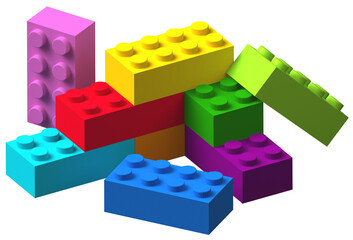 Pile of rainbow color plastic building toy blocks 3D isolated