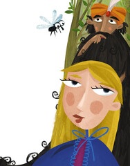 cartoon wise older man jinn thinking with princess