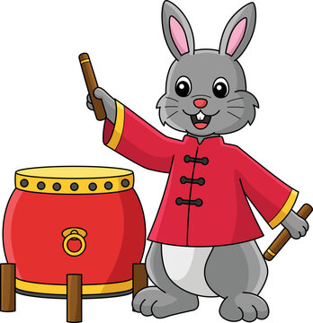 Rabbit Playing Drums Cartoon Colored Clipart