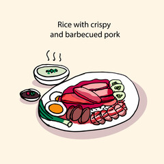 rice with crispy and barbecued pork, freehand drawn style