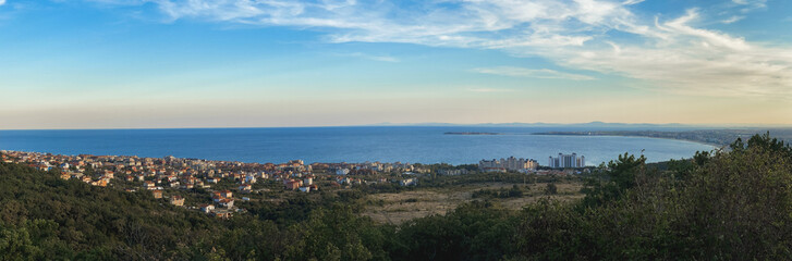 Fototapeta na wymiar Sea panorama from mountain to town of Nessebar in Bulgaria
