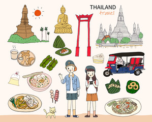 Tourist traveling in Bangkok, Thailand, freehand drawn style on white background