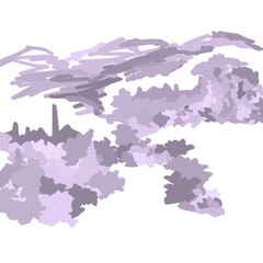 Abstract pattern in pink-violet gradient. Graphic illustration drawn with smooth soft lines in a simple style. Stylized landscape with roofs of village houses among lush foliage in a mountain valley.