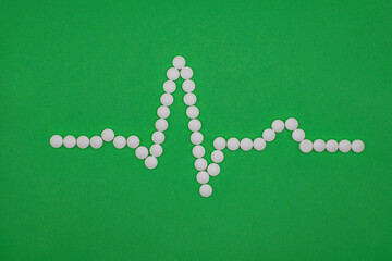 ECG wave form shape made of medical pills against a green background. sinus rhythm shape formed...