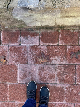 photo of her black shoes and blue jean standing on wet gray red street tiles, at the beginning of autumn, in october november. dry leaves and beauty of street lifestyle