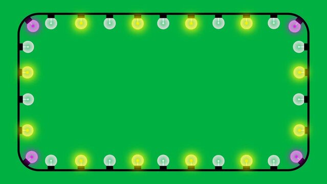 blue, yellow and pink blinking bulb light fram on green screen. concept for celebration, festival and decoration.