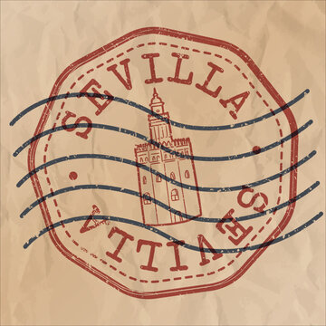 Gold Tower, Marchena, Seville, Spain Stamp City Travel Passport. Design Retro Symbol Country. Old Vintage Postmark.