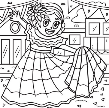Cinco de Mayo Girl Dancing Coloring Page for Kids 