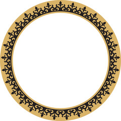 Vector gold and black Kazakh national round pattern, frame. Ethnic ornament of the nomadic peoples of Asia, the Great Steppe, Kazakhs, Kirghiz, Kalmyks, Mongols, Buryats, Turkmens