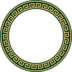 Vector round gold and green classic frame. Greek meander. Patterns of Greece and ancient Rome. Circle european border