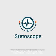 Stethoscope logo icon vector flat design template, with ecg pulse, heart rhythm