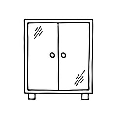 Wardrobe with doors. Home wardrobe. Wooden furniture for the interior of the room. Vector black and white isolated illustration. Hand drawn outline sketch