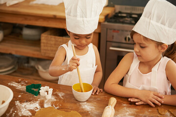 Children, learning and baking in a kitchen with girls bonding, curious and mixing egg for cake in...