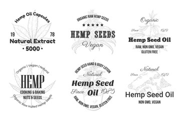 Fototapeta premium Organic raw hemp monochrome emblem set vector illustration. Cannabis herbal seeds oil nutrition