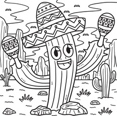 Cinco de Mayo Cactus With Sombrero Coloring Page 