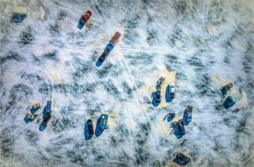 Foto auf Acrylglas Aerial view of cars and moveable huts placed on a frozen lake © Forrest Pearson/Wirestock Creators