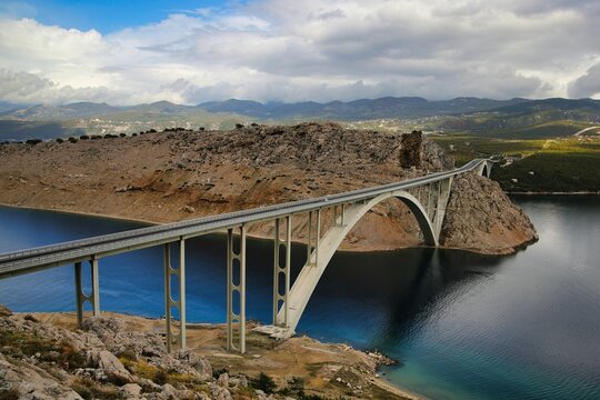 Aerial view of the bridge that connects the Croatian island of Krk to the mainland