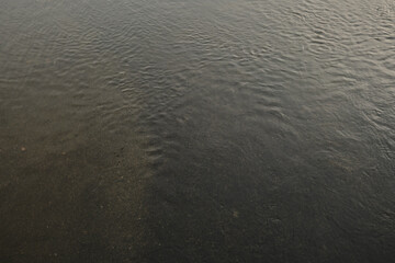 autumn maple fallen leaves under lake water surface with waves circles and sky reflation