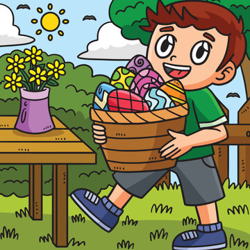 Child Carrying Basket of Easter Eggs Colored 