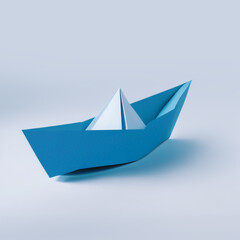 Paper craft sailing boat. Origami white yacht on blue background. Digital art paper blue boat. Design element.