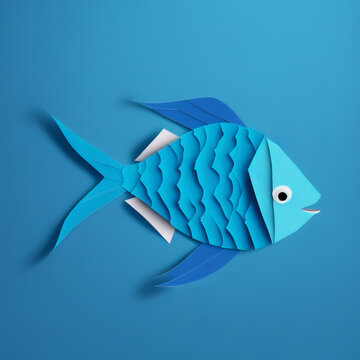 Paper craft blue fish. Origami fish on blue background. Digital art paper blue fish. Design element.