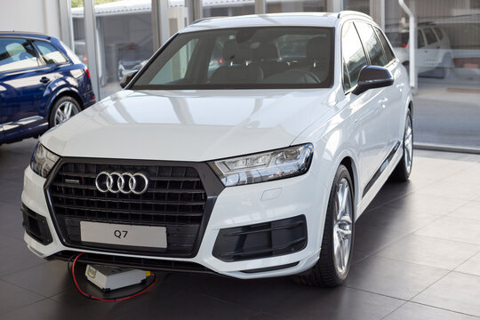 Russia, Izhevsk - September 11, 2019: New modern Q7 Quattro in the Audi showroom. Prestigious vehicles.